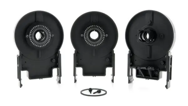 Three different views of a black speaker.