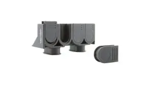 A set of three black plastic holders with one holding two.