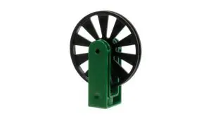 A green and black plastic object with a black wheel.