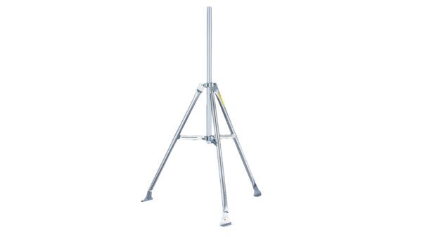 A white tripod with a yellow label on it.