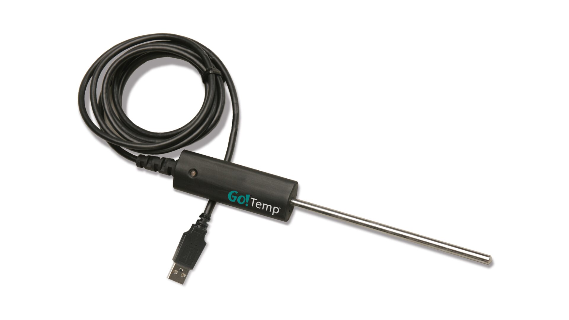 A black and green temperature probe sitting on top of a white table.