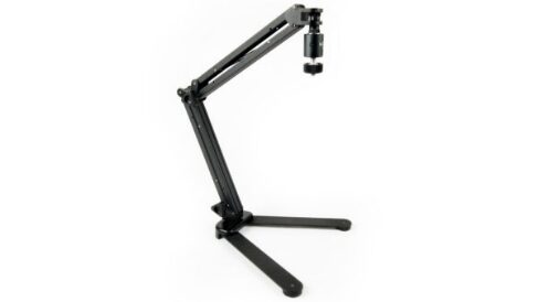 A black stand with a microphone on it