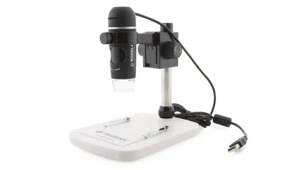 A close up of a microscope on a stand