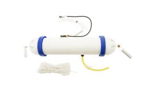 A white tube with blue handles and yellow cord.