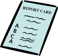 A blue report card with waves on it.